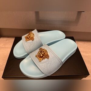Versace Sky Blue and Gold Medusa Sandals